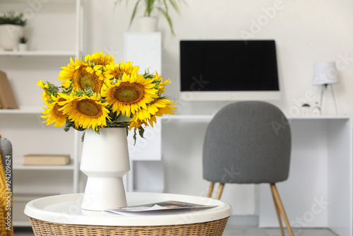 Wallpaper Mural Vase with bouquet of beautiful sunflowers on coffee table in living room, closeup Torontodigital.ca