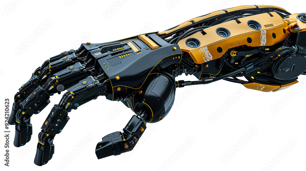 Modern robotic arm with yellow accents isolated on transparent background Modern robotic arm with yellow accents isolated on transparent background