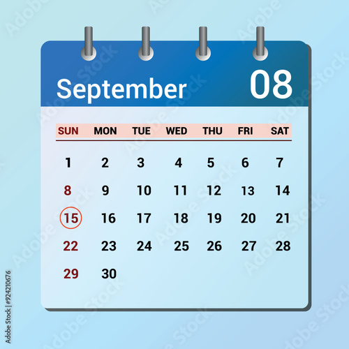 vector page of September month calendar and highlighted date September 15
