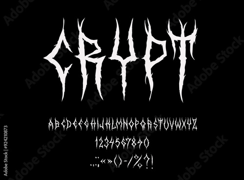Scary demon y2k font, heavy metal music type, horror devil typeface, gothic english alphabet. Dark spiky letters and numbers script vector typography set. Evil demon font, tattoo or graffiti typeface