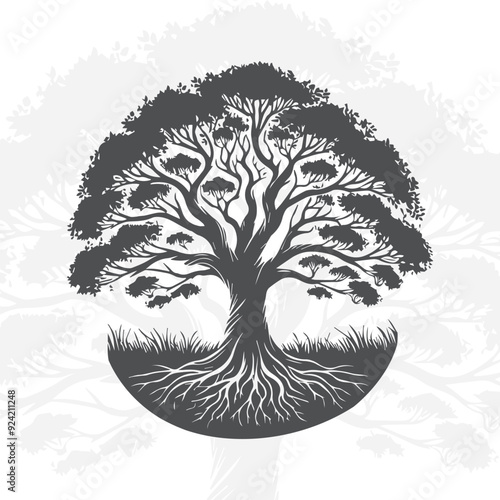 Tree of life logo with intricate roots and branches design, Detailed tree silhouette logo symbolizing growth and strength