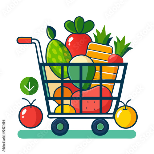 Shopping Cart Full of Fresh Fruits and Vegetables: A vibrant illustration of a shopping cart overflowing with colorful fruits and vegetables, symbolizing healthy eating and grocery shopping.  