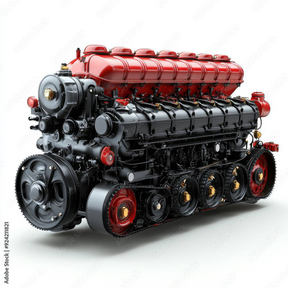 Realistic photo of an engine with black and red accents, with four wheels on the side, against a white background, in an ultra realistic photographic style. Realistic photo of an engine with black and red accents, with four wheels on the side, against a white background, in an ultra realistic photographic style.