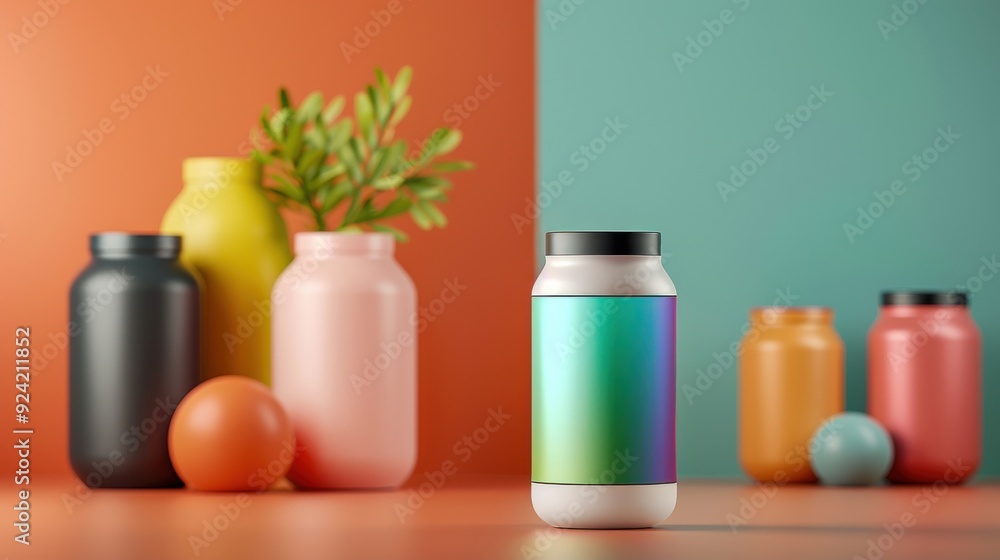 Colorful Bottles and Vases with Holographic Packaging Mockup Colorful Bottles and Vases with Holographic Packaging Mockup