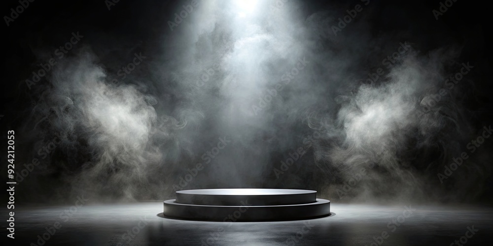 Dark, dramatic podium on a black smoke background with spotlight, perfect for product display or presentations, podium, black Dark, dramatic podium on a black smoke background with spotlight, perfect for product display or presentations, podium, black