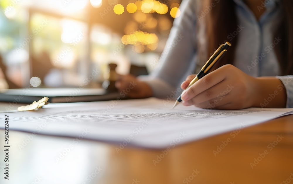 Woman Signing a Document with a Pen Woman Signing a Document with a Pen