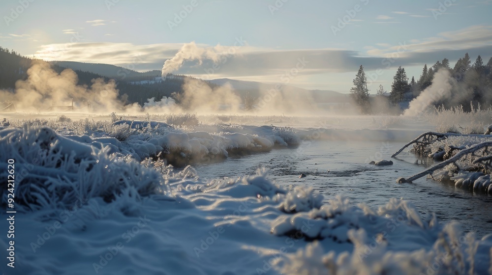 The steam rising from a steaming hot spring as it meets the crisp cold air of the surrounding winter landscape. The steam rising from a steaming hot spring as it meets the crisp cold air of the surrounding winter landscape.