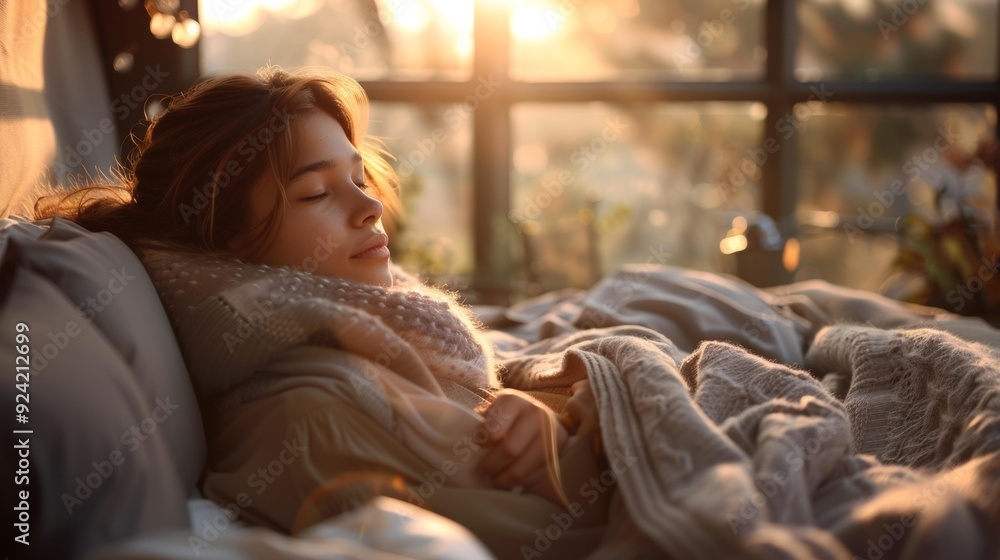 Young woman relaxes in cozy bed, enjoying peaceful moments at sunrise, soft light filters through window, wrapped in warm blankets, serene atmosphere promotes tranquility and rest. Young woman relaxes in cozy bed, enjoying peaceful moments at sunrise, soft light filters through window, wrapped in warm blankets, serene atmosphere promotes tranquility and rest.