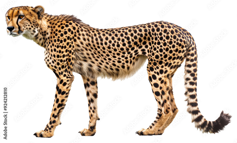 Standing cheetah with detailed fur pattern isolated on transparent background Standing cheetah with detailed fur pattern isolated on transparent background