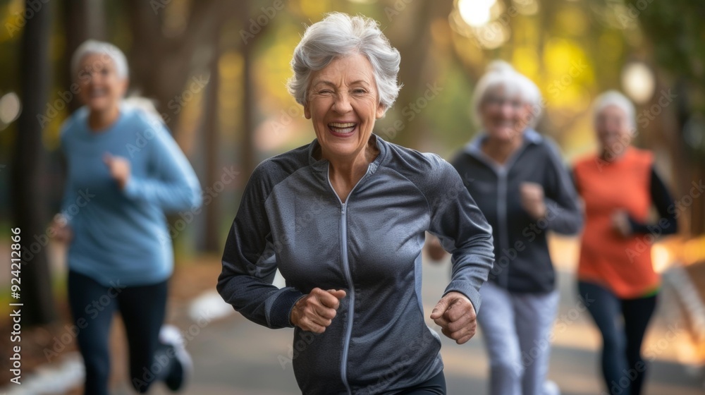 Elderly woman jogs energetically on pathway, smiling widely, while three senior friends run behind her, enjoying fitness and friendship outdoors in autumn scenery. Elderly woman jogs energetically on pathway, smiling widely, while three senior friends run behind her, enjoying fitness and friendship outdoors in autumn scenery.