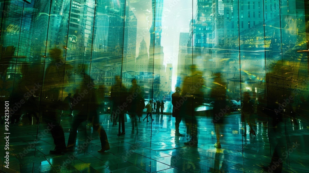 Crowd of diverse people moving through urban environment, reflections on glass buildings creating dynamic cityscape, individuals in motion depicting busy city life. Crowd of diverse people moving through urban environment, reflections on glass buildings creating dynamic cityscape, individuals in motion depicting busy city life.