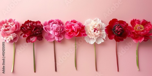 Fototapeta Naklejka Na Ścianę i Meble -  Seven vibrant peony flowers lined up against soft pink background, showcasing various shades of red and pink, perfect for floral designs or decorative projects.