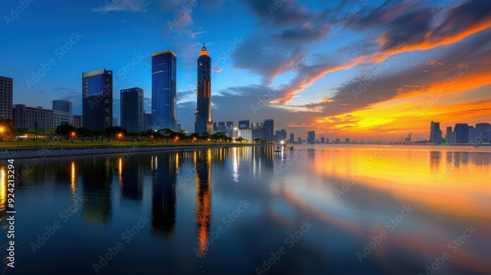 Fototapeta premium Cityscape Sunrise Reflection