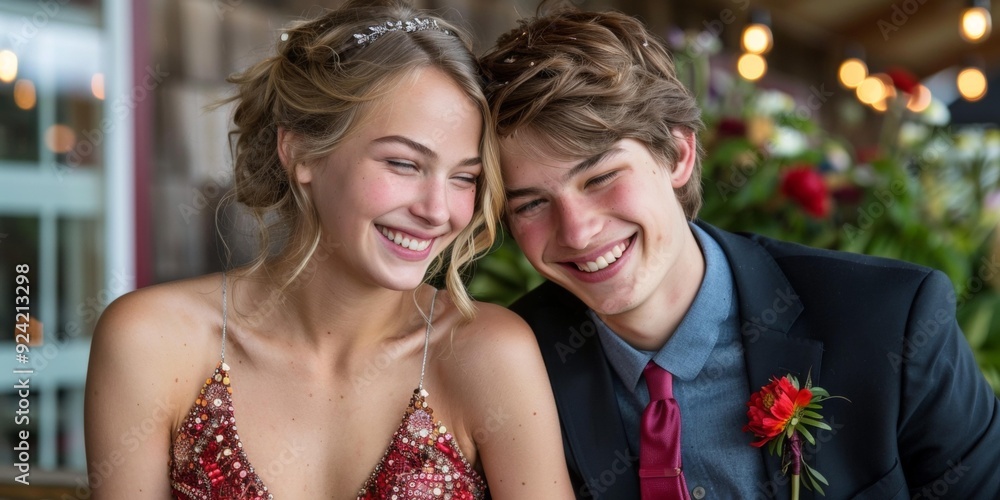 Smiling teenage couple enjoying each other's company at formal event, young man in suit and young woman in elegant dress, celebrating special occasion, joyful atmosphere. Smiling teenage couple enjoying each other's company at formal event, young man in suit and young woman in elegant dress, celebrating special occasion, joyful atmosphere.