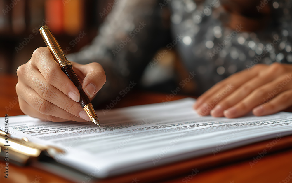 Closeup of Hand Signing a Document with a Gold Pen Closeup of Hand Signing a Document with a Gold Pen