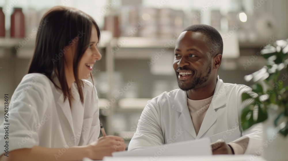 Two diverse healthcare professionals, smiling and collaborating at table, discussing patient cases, sharing insights in modern clinical workspace. Two diverse healthcare professionals, smiling and collaborating at table, discussing patient cases, sharing insights in modern clinical workspace.