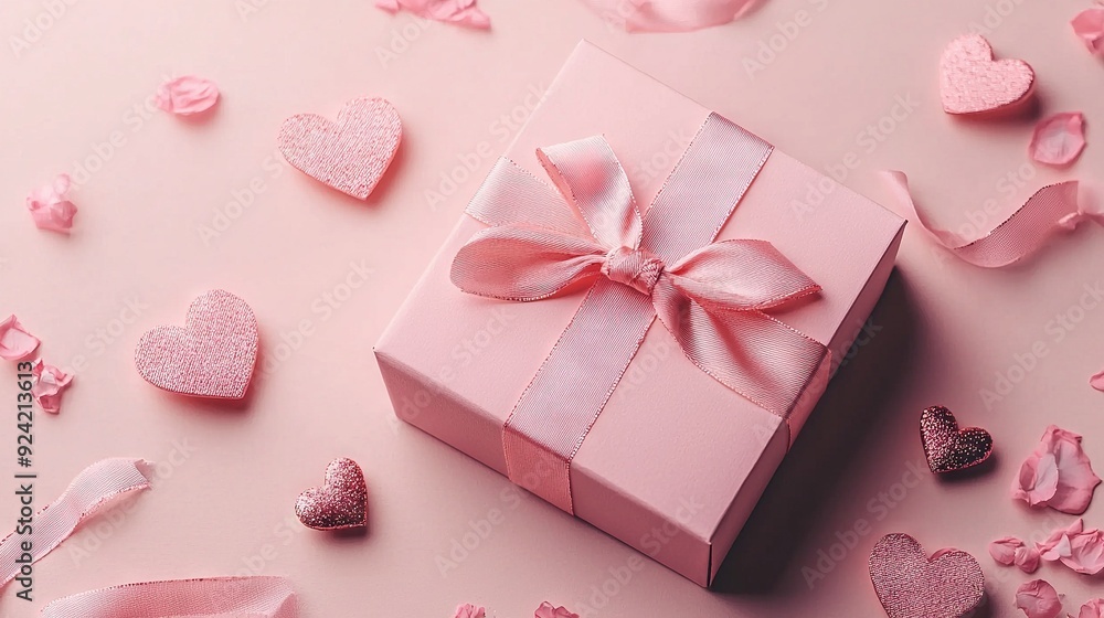 A pink box with a ribbon and bow on a pink background, adorned with hearts in pink and silver A pink box with a ribbon and bow on a pink background, adorned with hearts in pink and silver