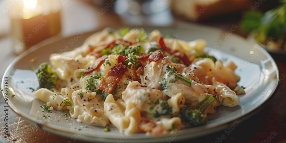 Side view of Homemade Chicken Bacon Broccoli Alfredo on a plate Side view of Homemade Chicken Bacon Broccoli Alfredo on a plate