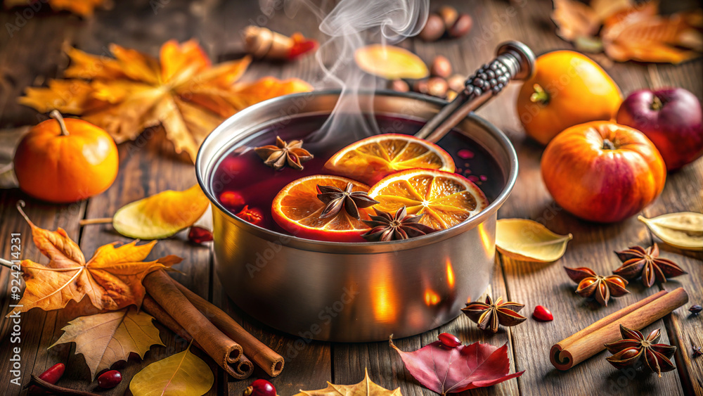 Steaming Mulled Wine with Autumn Spices and Decorations Steaming Mulled Wine with Autumn Spices and Decorations