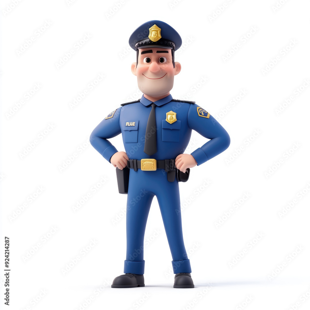3D cartoon, a male police in a blue uniform profession. on a solid white background 3D cartoon, a male police in a blue uniform profession. on a solid white background