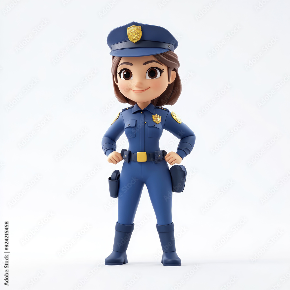 3D cartoon, a female police in a blue uniform profession. on a solid white background 3D cartoon, a female police in a blue uniform profession. on a solid white background