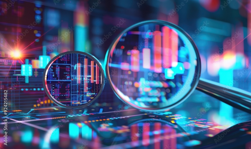 Magnifying Glass Examining Data on a Screen with Financial Charts and Graphs Magnifying Glass Examining Data on a Screen with Financial Charts and Graphs