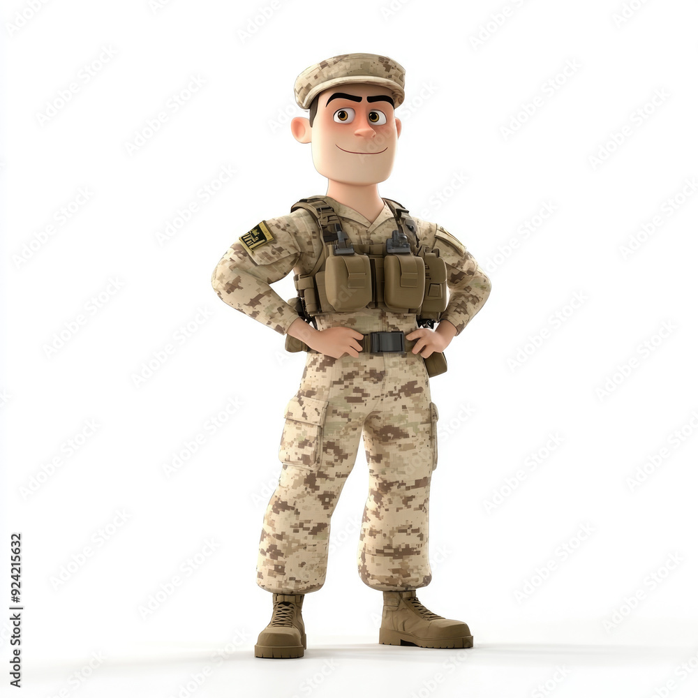 3D cartoon, a male soldier in camouflage uniform profession. on a solid white background 3D cartoon, a male soldier in camouflage uniform profession. on a solid white background