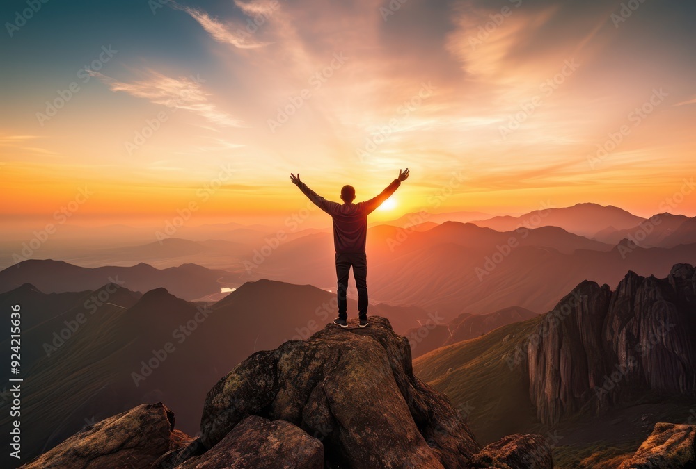 Fototapeta premium A lone hiker with arms outstretched on a mountain peak at sunset