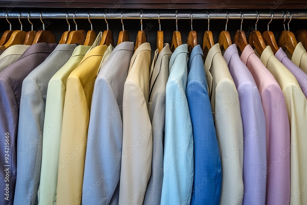 A vibrant collection of neatly arranged pastel colored shirts on hangers highlighting a colorful wardrobe choice for a stylish and organized closet in fashion retail A vibrant collection of neatly arranged pastel colored shirts on hangers highlighting a colorful wardrobe choice for a stylish and organized closet in fashion retail