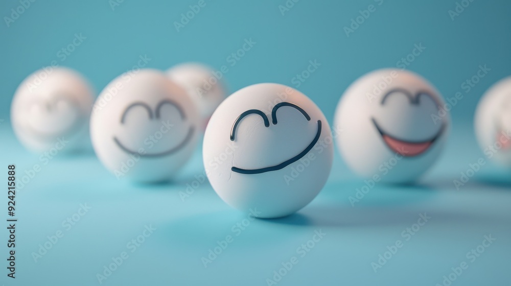 White Spheres with Hand-Drawn Smiley Faces on Blue Background White Spheres with Hand-Drawn Smiley Faces on Blue Background