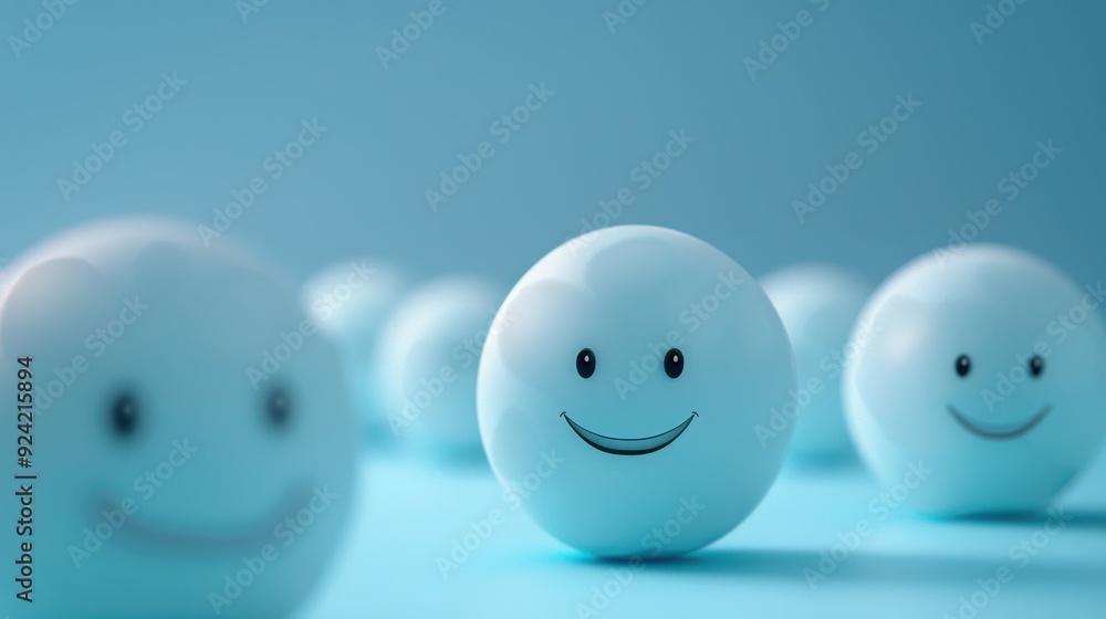 Blue Smiling Sphere Among Others on a Blue Background Blue Smiling Sphere Among Others on a Blue Background