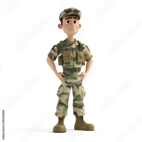 3D cartoon, a male soldier in camouflage uniform profession. on a solid white background