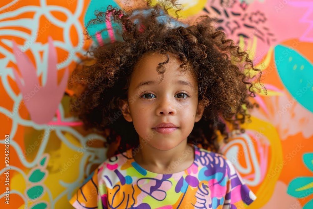 A young girl with curly hair looks up from a brightly colored background A young girl with curly hair looks up from a brightly colored background