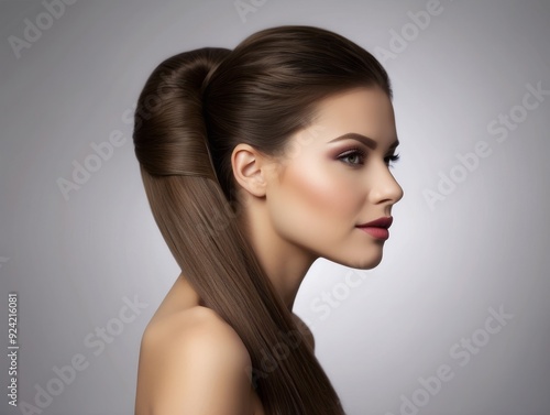 Woman with Long Brown Hair and Natural Makeup photo