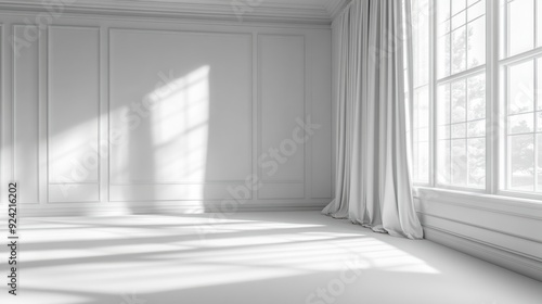 A white room with a large window and some curtains, AI