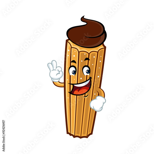 Happy cartoon churro character giving okay sign. Perfect for food and beverage promotions.
