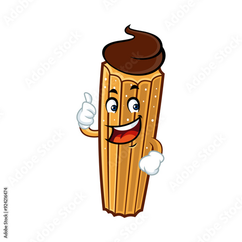 Happy cartoon churro character giving a thumbs up with chocolate topping