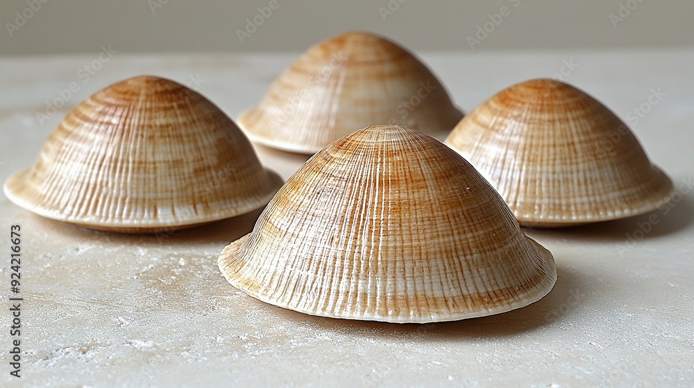 Four seashells on white countertop against white wall Four seashells on white countertop against white wall