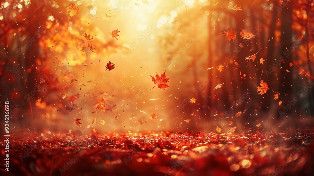 Fototapeta premium Autumn Leaves Falling in a Sunlit Forest