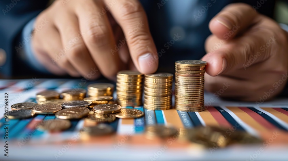 Hand Counting Stacks of Coins on a Financial Report Hand Counting Stacks of Coins on a Financial Report