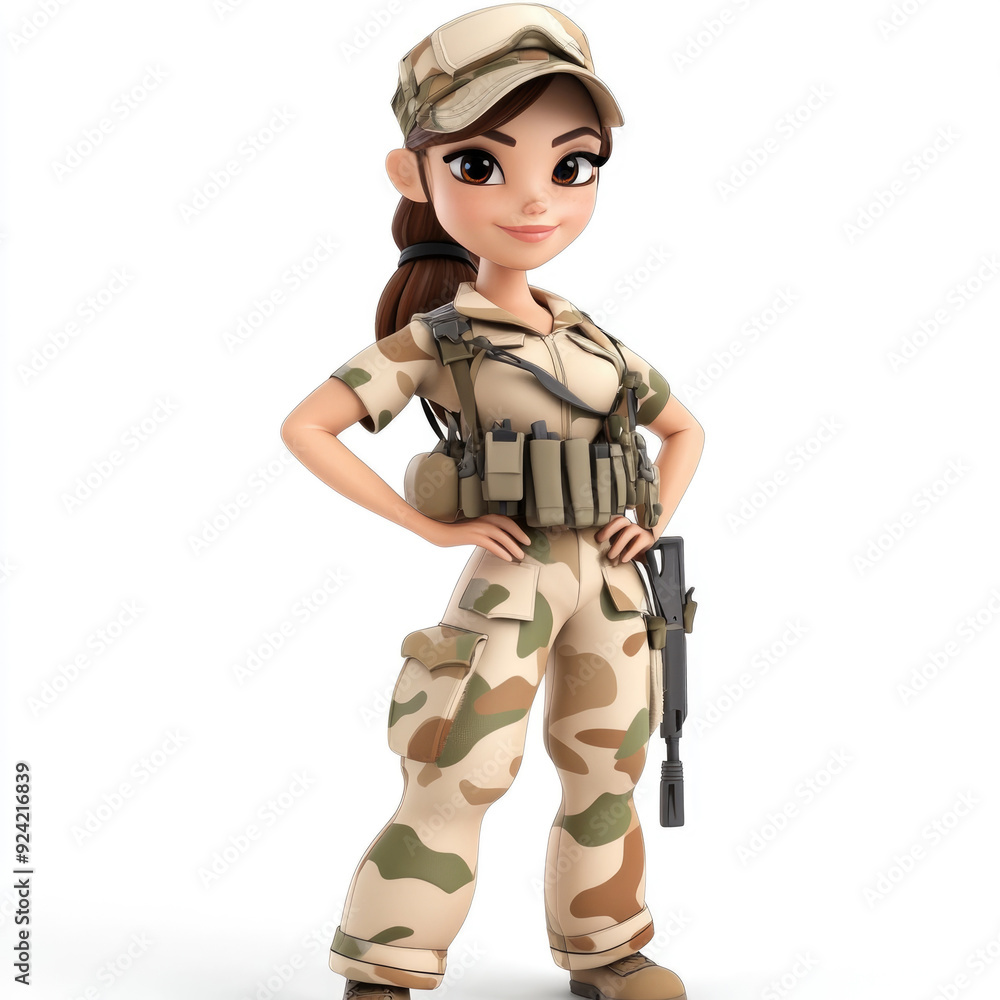 3D cartoon, a female soldier in camouflage uniform profession. on a solid white background 3D cartoon, a female soldier in camouflage uniform profession. on a solid white background