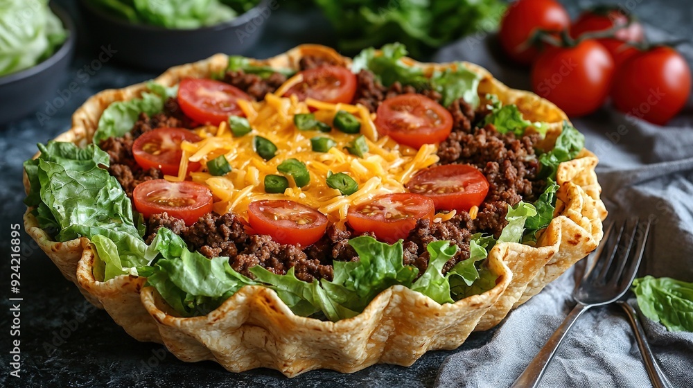 A taco salad with lettuce, tomatoes, cheese, and other toppings on a black plate A taco salad with lettuce, tomatoes, cheese, and other toppings on a black plate