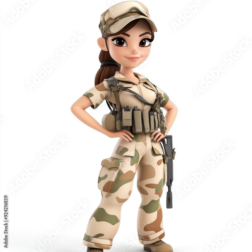 3D cartoon, a female soldier in camouflage uniform profession. on a solid white background