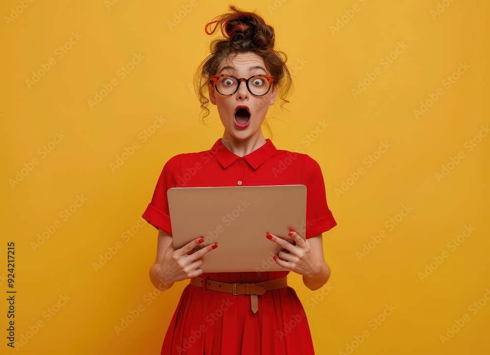 Surprised Woman in Red Dress Holding Laptop Surprised Woman in Red Dress Holding Laptop