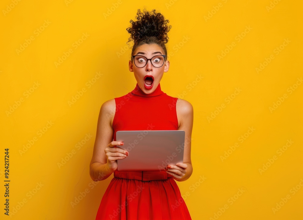 Woman in Red Dress with Shocked Expression Holding Laptop Woman in Red Dress with Shocked Expression Holding Laptop