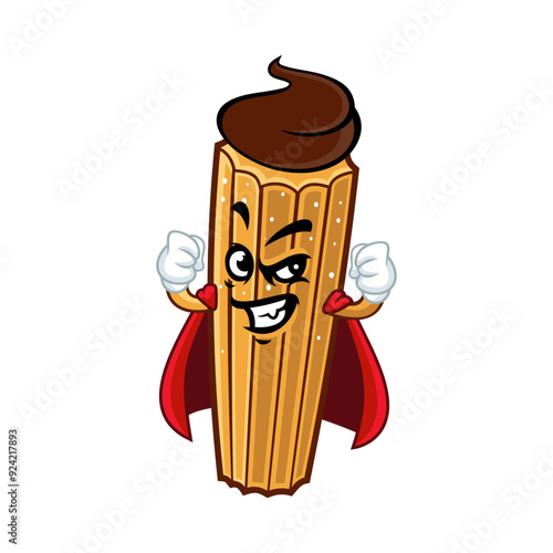 A cartoon churro with a chocolate topping flexes its muscles while wearing a superhero cape.