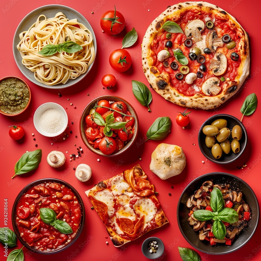 background variety of Italian dishes, including pizzas, pasta, olives, and tomato sauce, arranged on a white background, colorful Italian cuisine. background variety of Italian dishes, including pizzas, pasta, olives, and tomato sauce, arranged on a white background, colorful Italian cuisine.