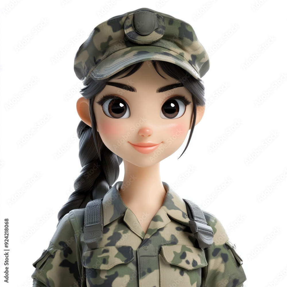 3D cartoon, a female soldier in camouflage uniform profession. on a solid white background 3D cartoon, a female soldier in camouflage uniform profession. on a solid white background