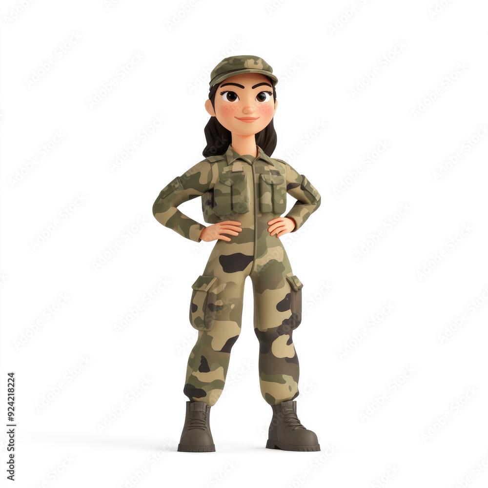 3D cartoon, a female soldier in camouflage uniform profession. on a solid white background 3D cartoon, a female soldier in camouflage uniform profession. on a solid white background