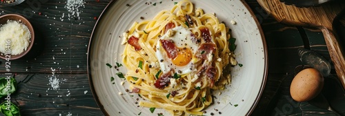 Tasty Pasta alla Carbonara Featuring Egg Sauce, Guanciale, Pecorino, and Black Pepper, a Classic European Dish. photo